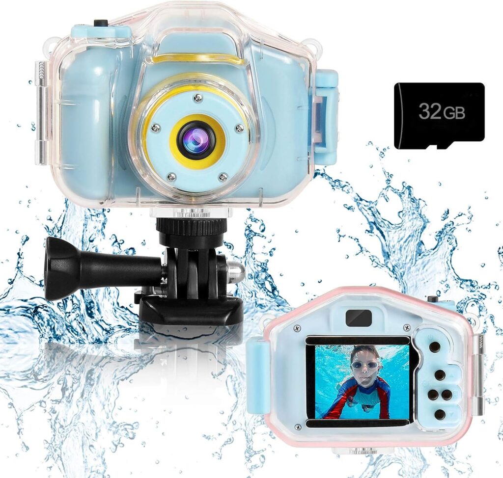 Agoigo Kids Waterproof Camera Toys for 3-12 Year Old Boys Girls Christmas Birthday Gifts Underwater Sports HD Children Digital Action Camera 2 Inch Screen with 32GB Card (Blue)